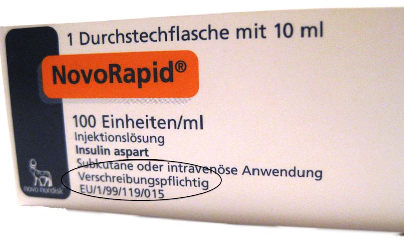 Verpackung von dem Insulin Novo Rapid mit dem Zusatz "verschreibungspflichtig"