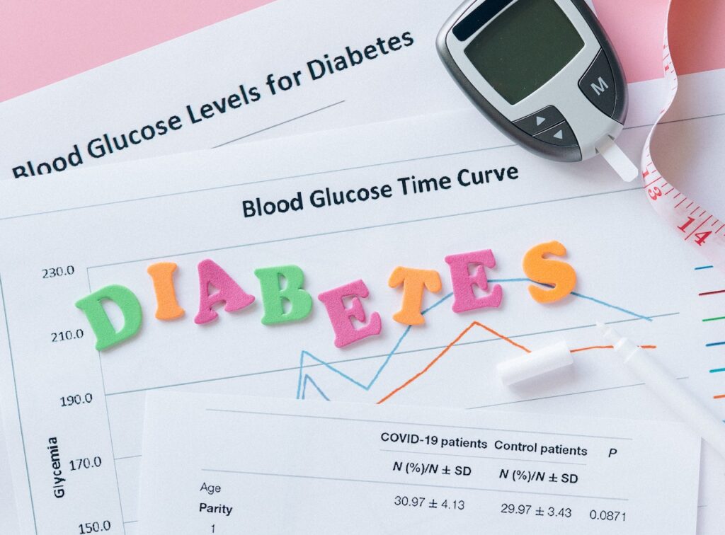 Bild, das Blutzuckerprotokolle mit dem Schriftzug Diabetes und ein Blutzuckermessgerät zeigt.